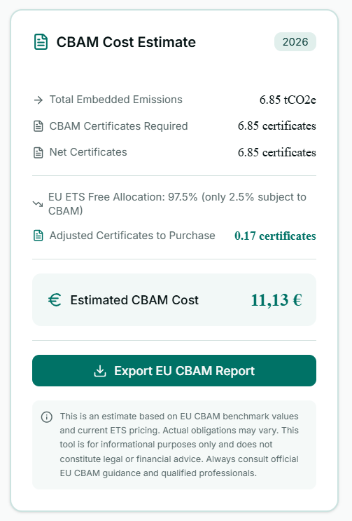 CBAM Calculation Result Card Preview - Ecomate
